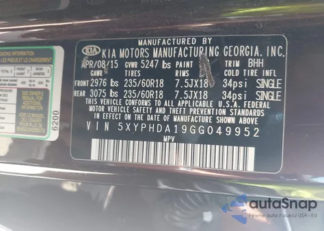 2016 Kia Sorento 2.0T Ex из США, поврежденный, VIN 5XYPHDA19GG049952